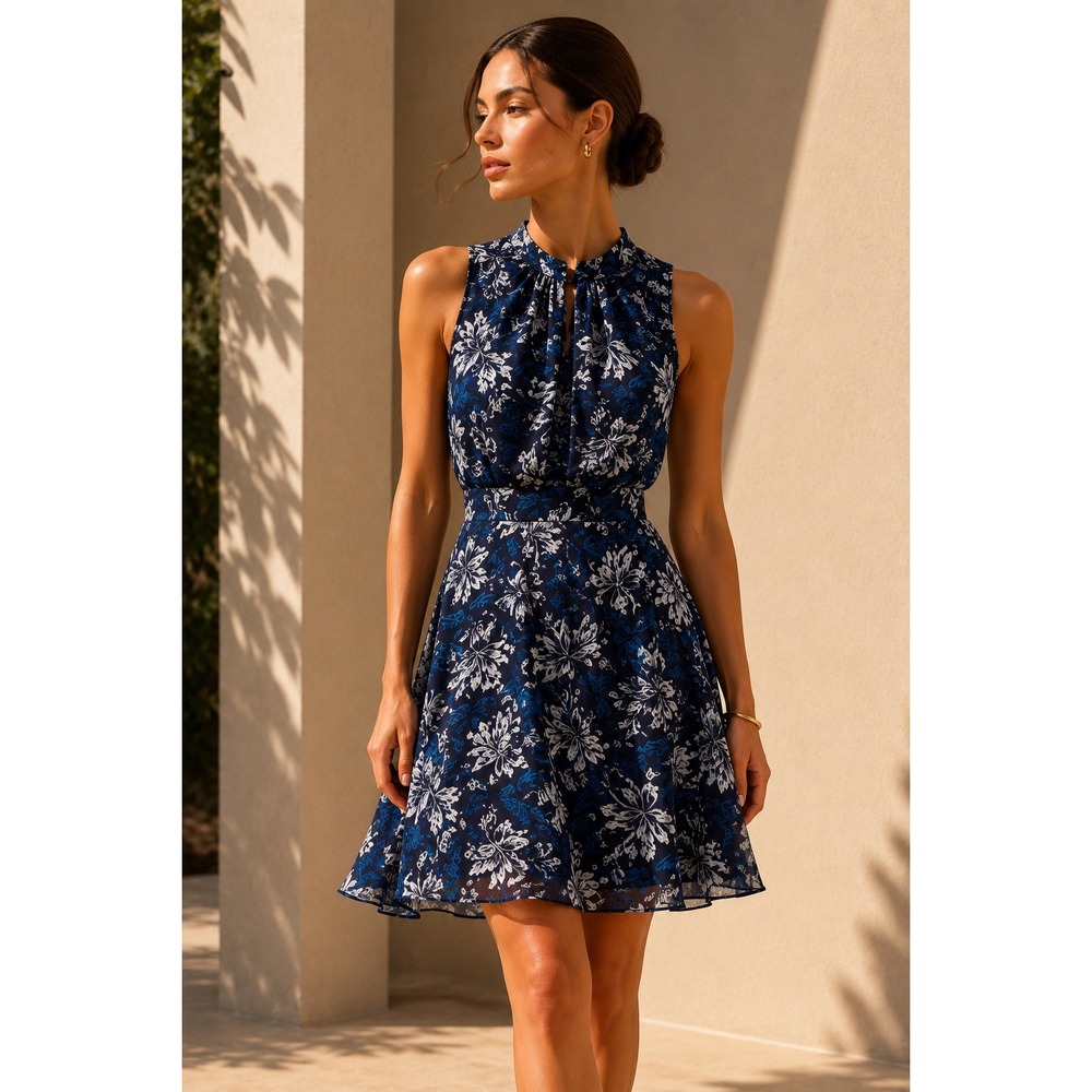 Rebecca Taylor MYSTIC GARDEN Blue Floral 100% Silk Sleeveless MINI Dress WOMEN 6